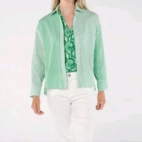 NWT CAbi Dad Shirt Green and White Striped Button Down Shirt - Picture 3 of 14